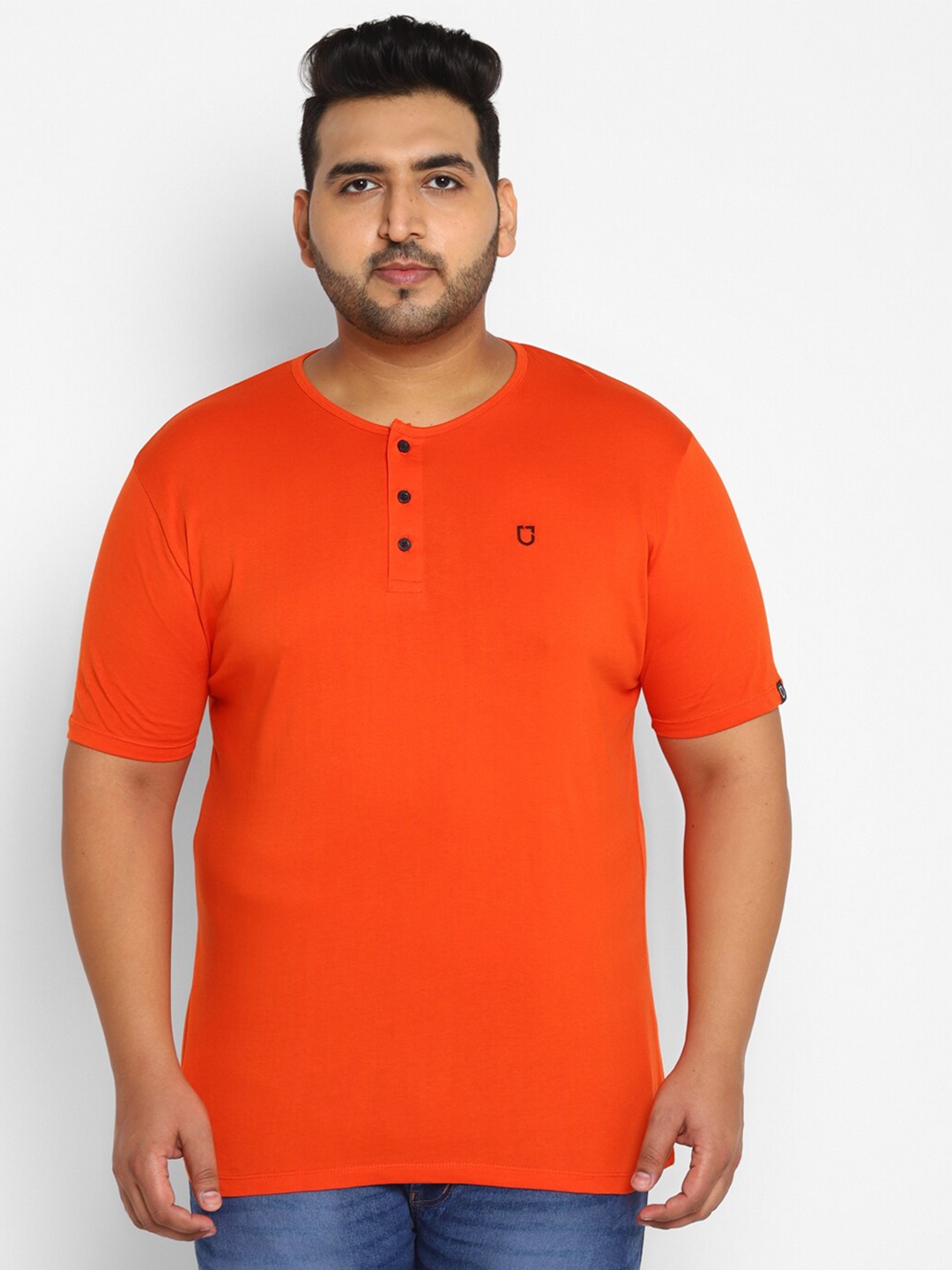 

Urbano Plus Men Orange Henley Neck Applique Training or Gym T-shirt
