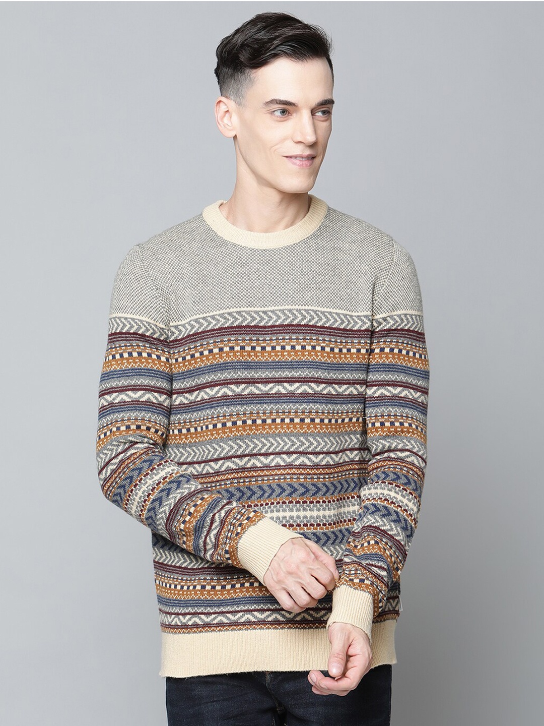

LINDBERGH Men Beige & Navy Blue Printed Pullover