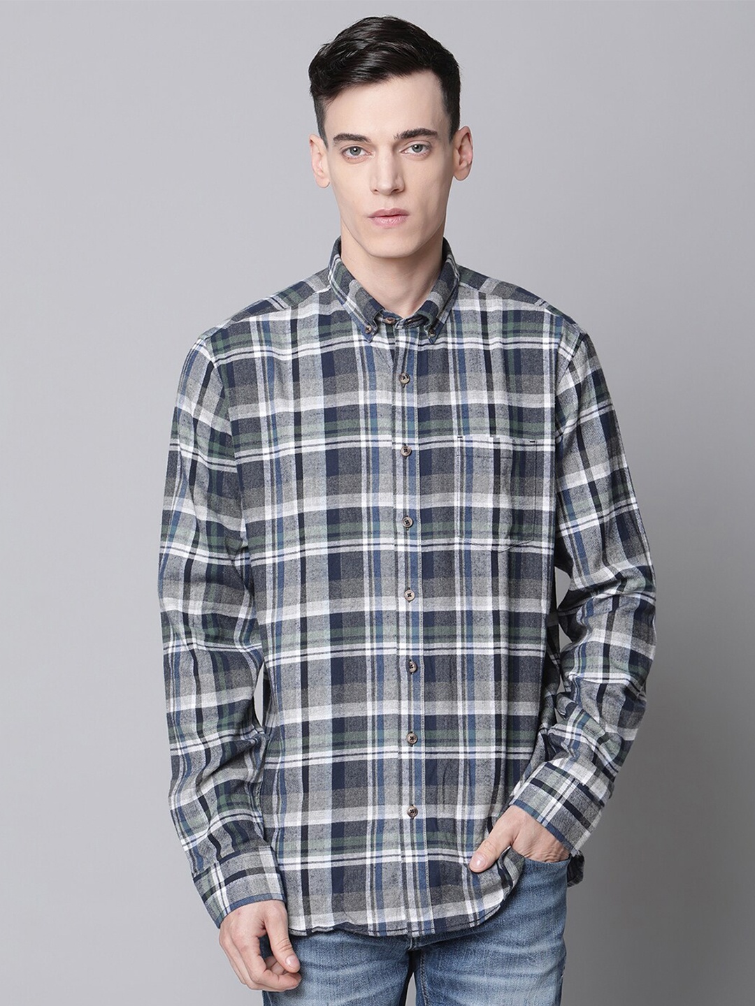 

LINDBERGH Men Grey Tartan Checks Opaque Checked Casual Shirt