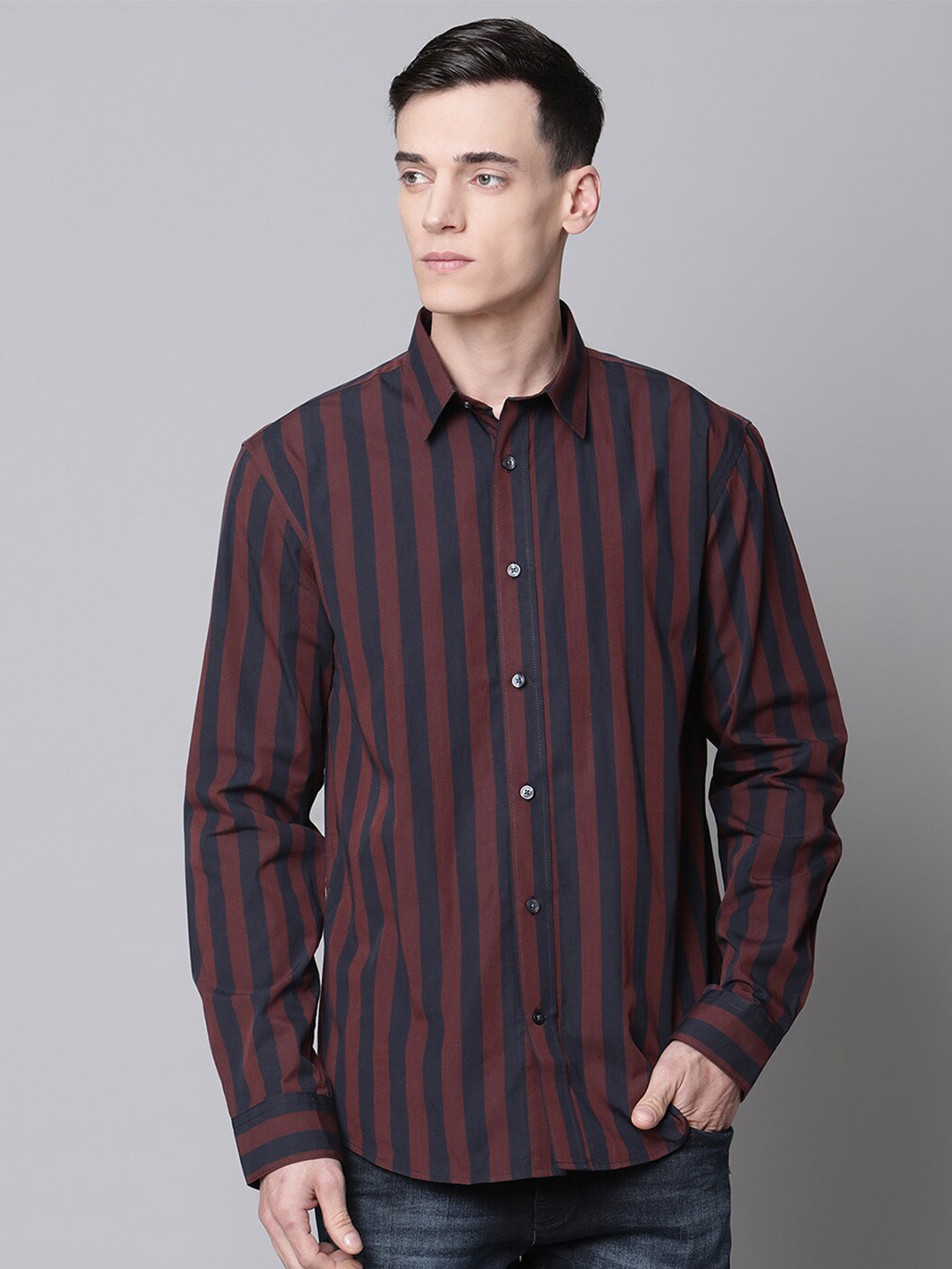 

LINDBERGH Men Red Slim Fit Opaque Striped Casual Shirt