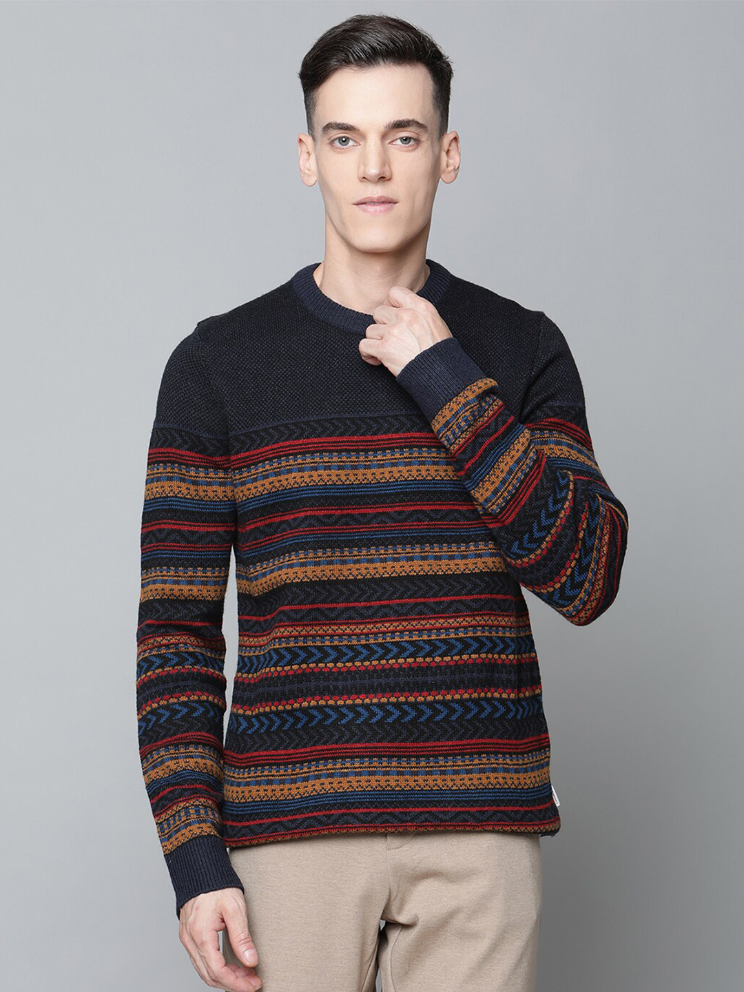 

LINDBERGH Men Navy Blue & Red Pullover Sweater