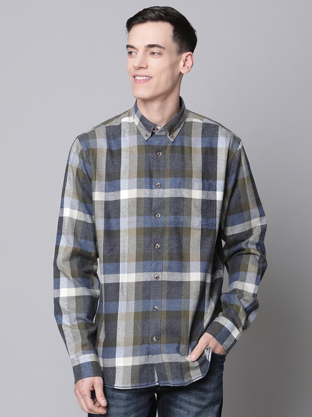

LINDBERGH Men Olive Green & Blue Opaque Checked Pure Cotton Casual Shirt