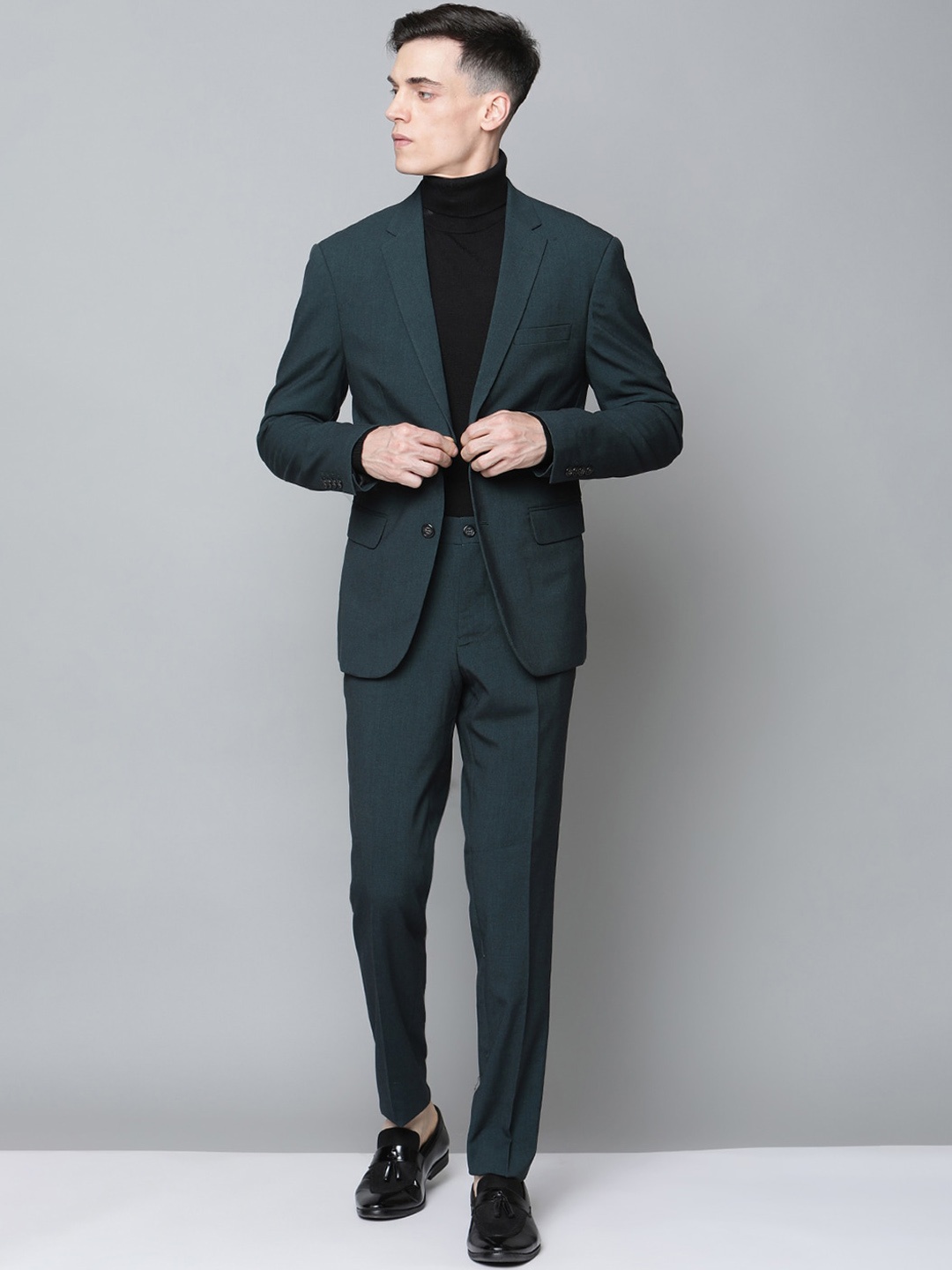 

LINDBERGH Men Green Solid Single Breasted 2 Piece Slim-Fit Casual Suit