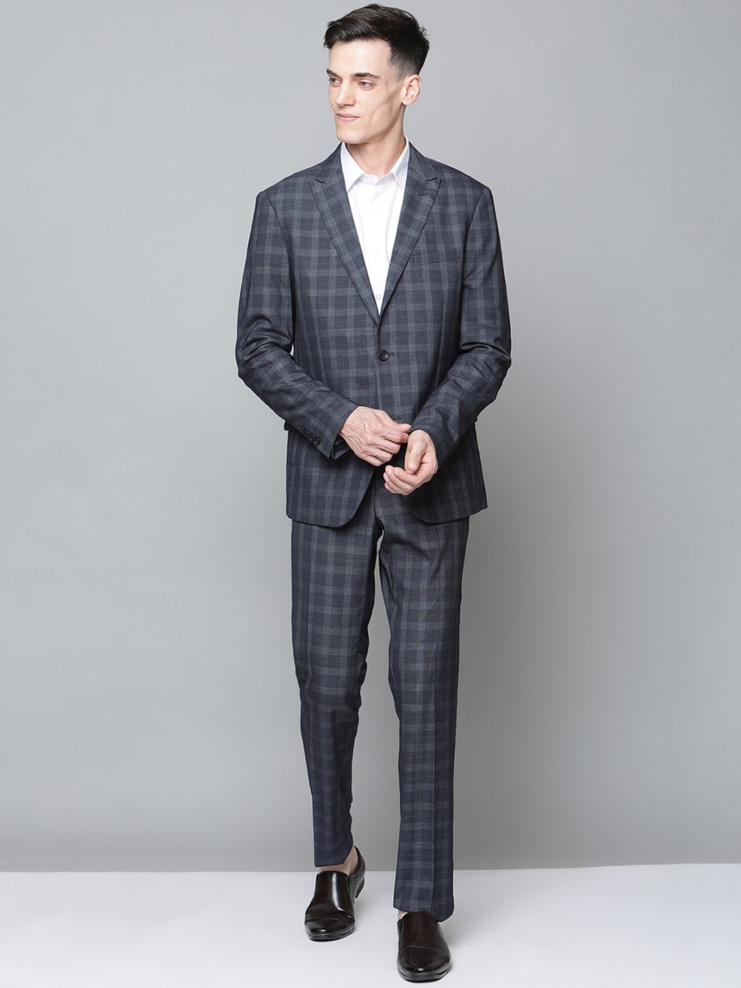

LINDBERGH Men Blue & Grey Checked Single-Breasted 2 Piece Slim-Fit Formal Suit