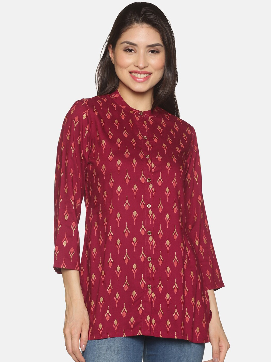 

Saffron Threads Burgundy & Tan Viscose Rayon Mandarin Collar Printed Tunic