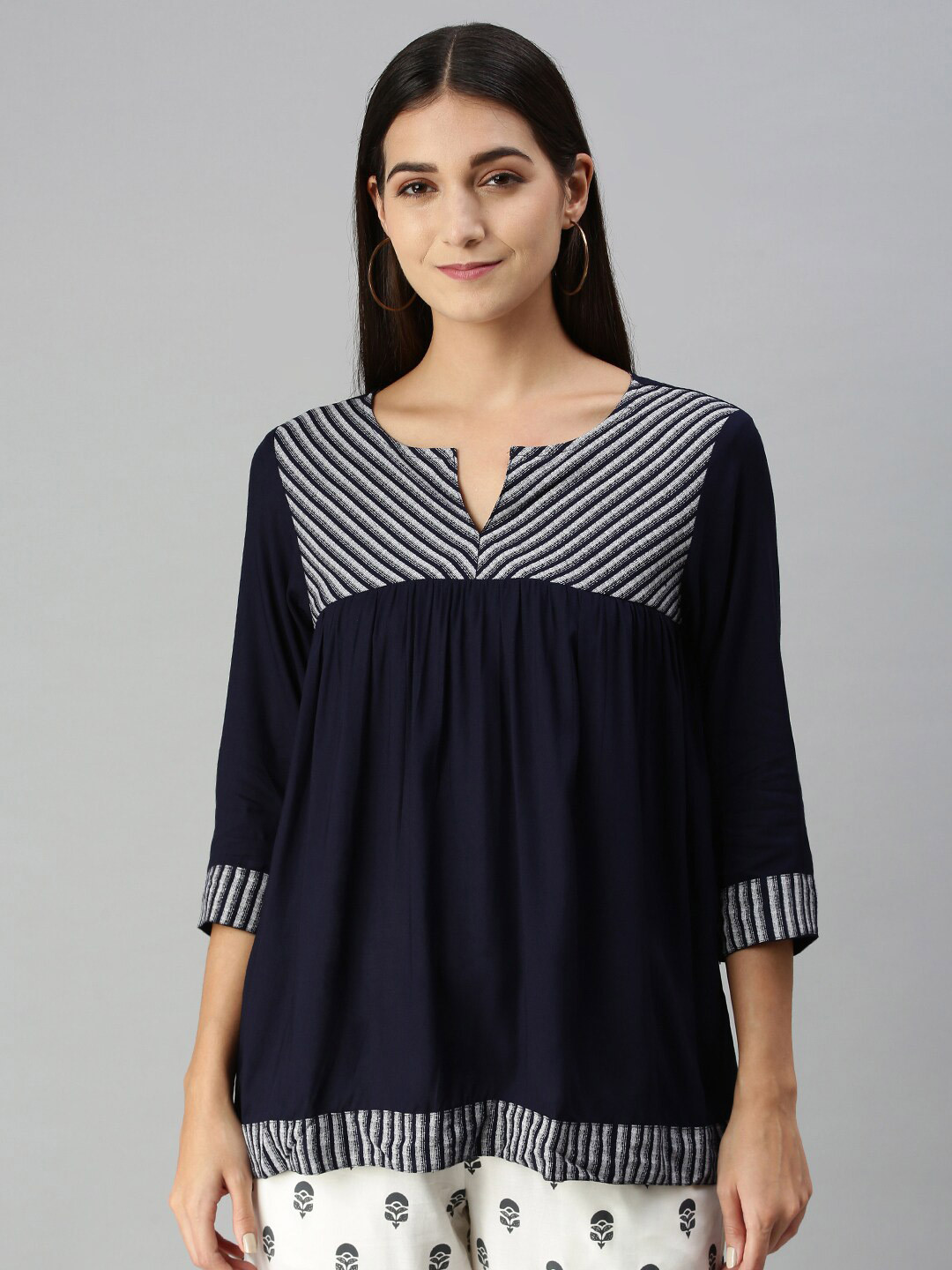 

De Moza Navy Blue Cotton Striped A-Line Top