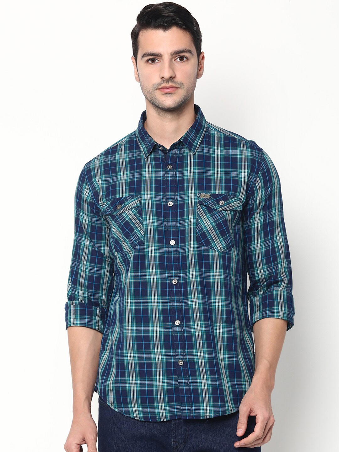 

RUG WOODS Men Blue Tartan Checks Opaque Checked Casual Shirt