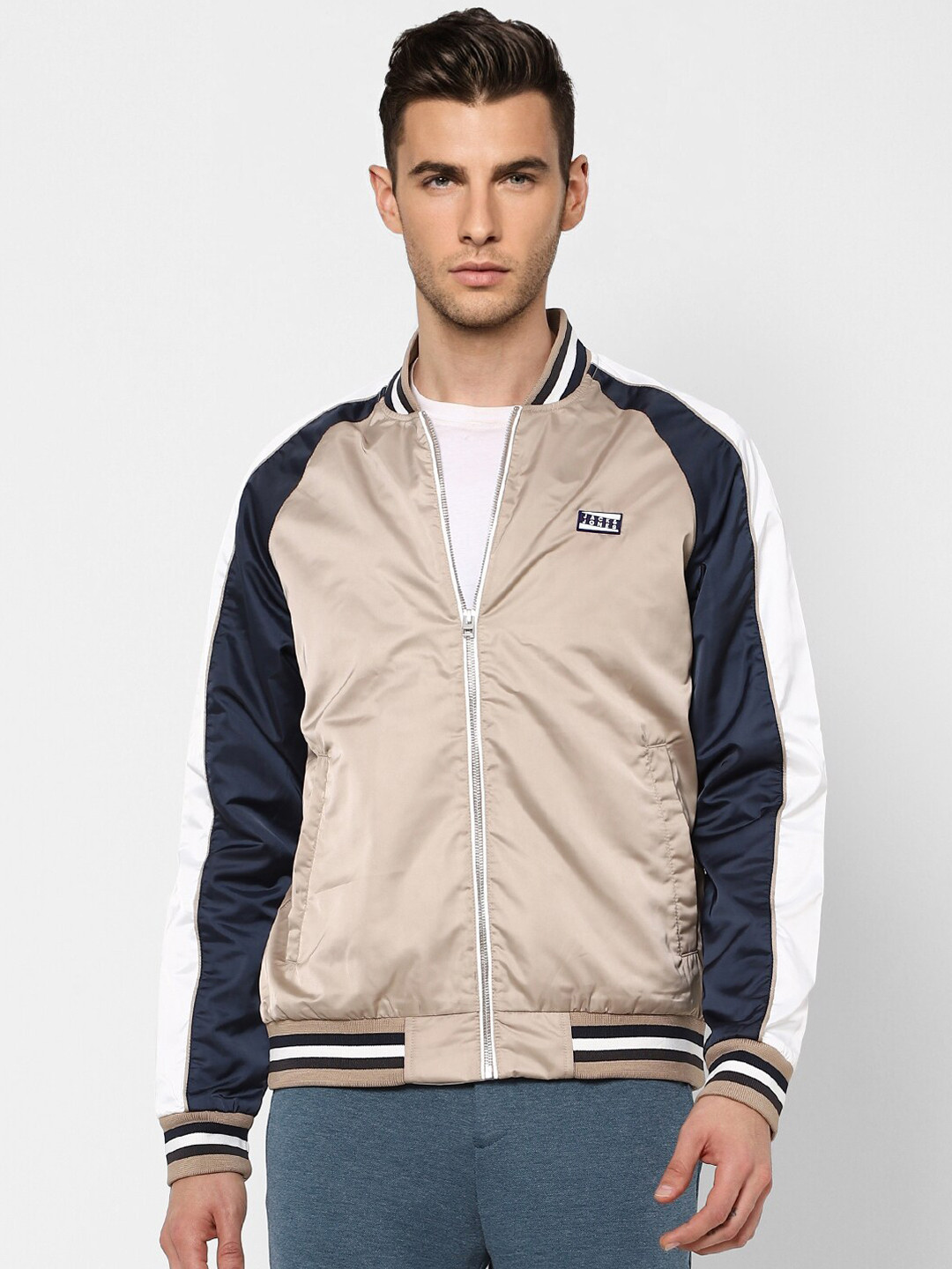 

Jack & Jones Men Beige Coloublocked Bomber Jacket