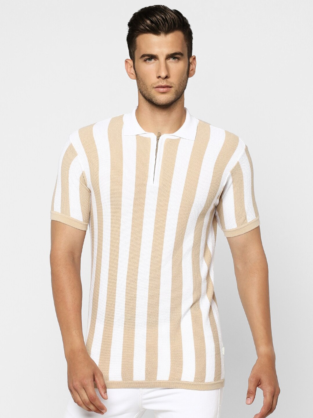

Jack & Jones Men Brown & White Striped Polo Collar T-shirt