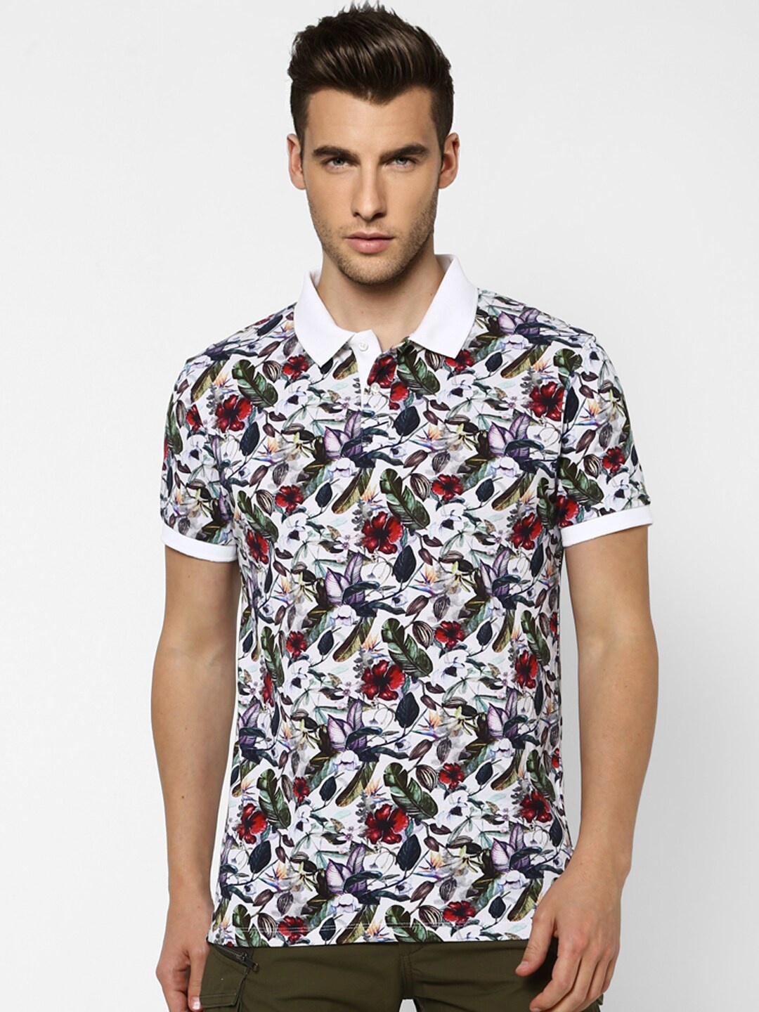 

Jack & Jones Men White Floral Printed Polo Collar Cotton T-shirt