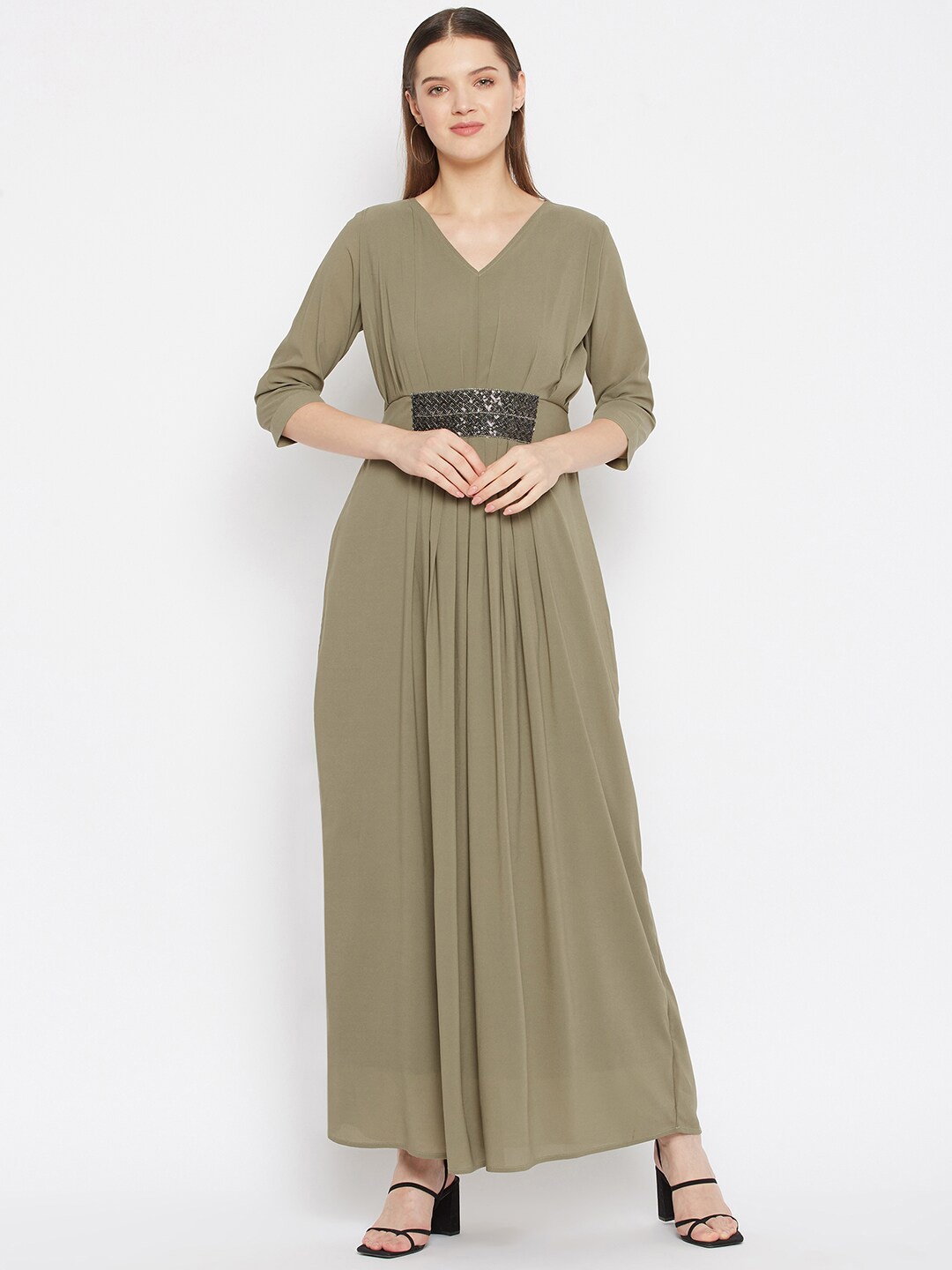 

Imfashini Olive Green Georgette Maxi Dress