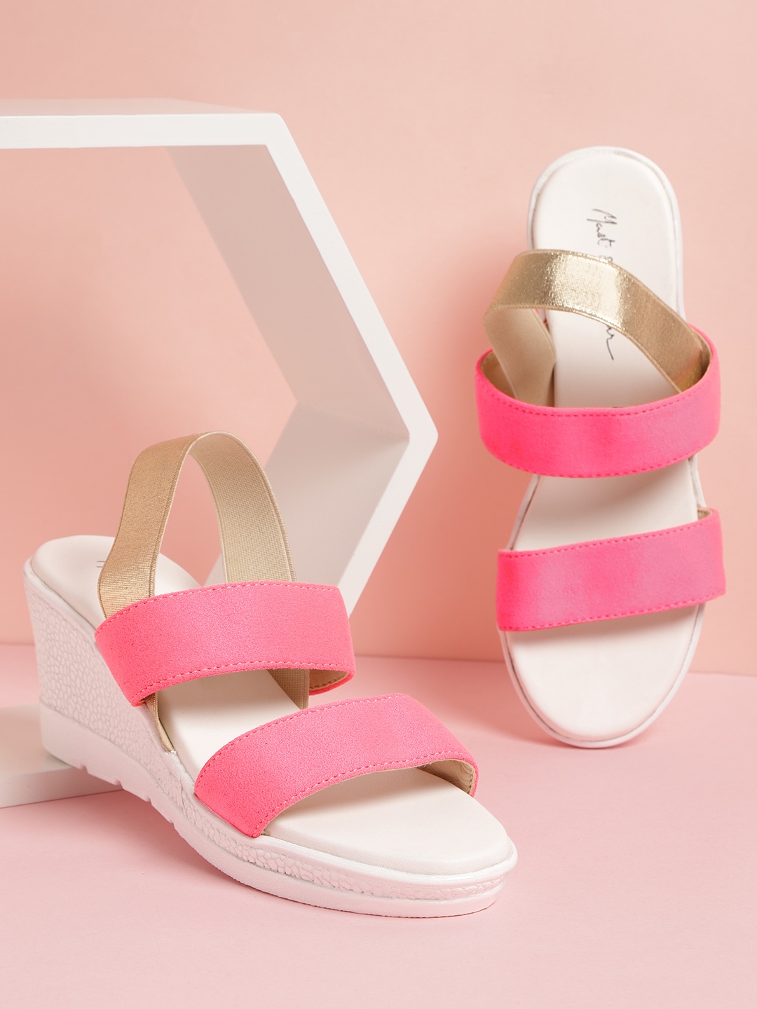 

Mast & Harbour Women Fluorescent Pink & Gold-Toned Colourblocked Wedges