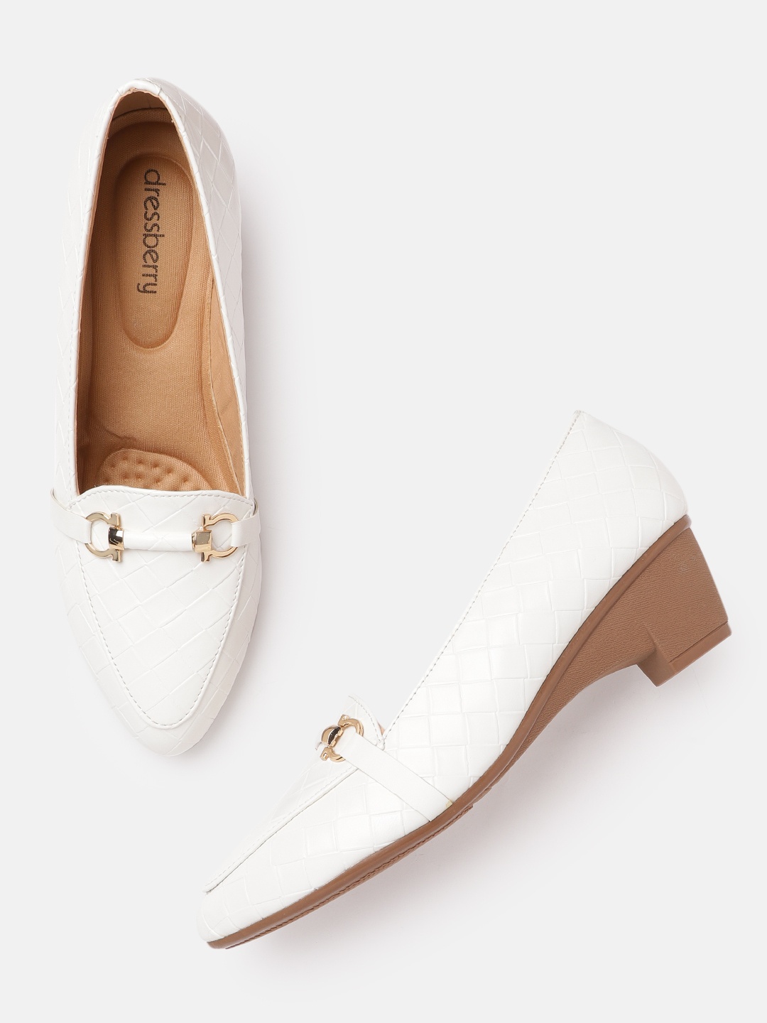 

DressBerry White Basketweave Textured Wedge Pumps