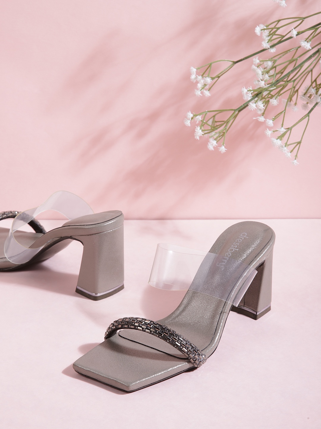 

DressBerry Women Silver-Toned Embellished Open Toe Heels