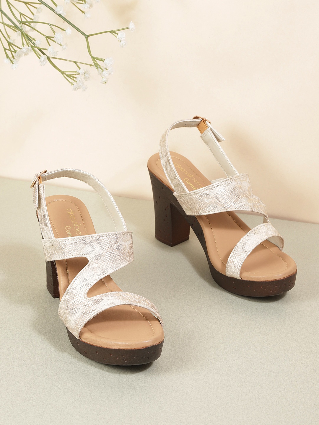 

DressBerry Women Off White & Gold-Toned Snake Textured Block Heels