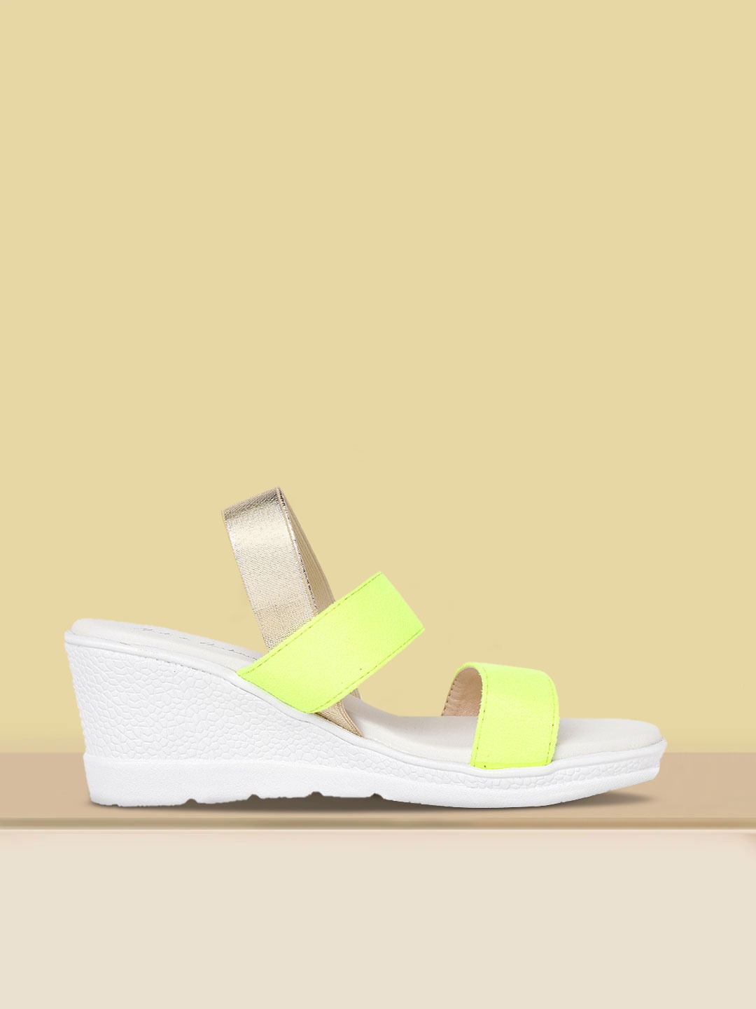 

Mast & Harbour Women Fluorescent Green & Gold-Toned Colourblocked Wedges