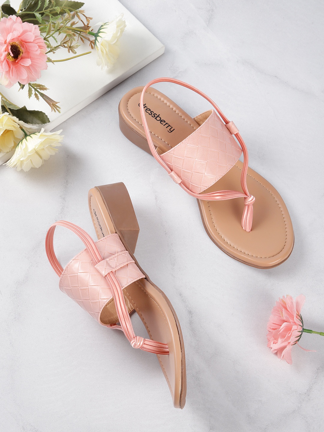 

DressBerry Women Pink Basketweave Textured Open Toe Flats