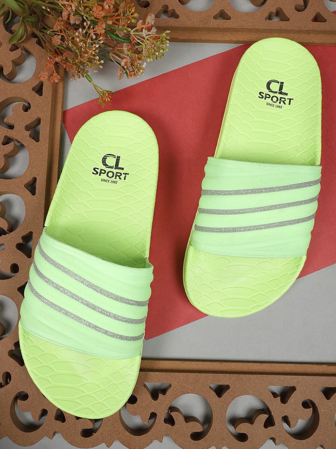 

Carlton London sports Women Lime Green Striped Sliders
