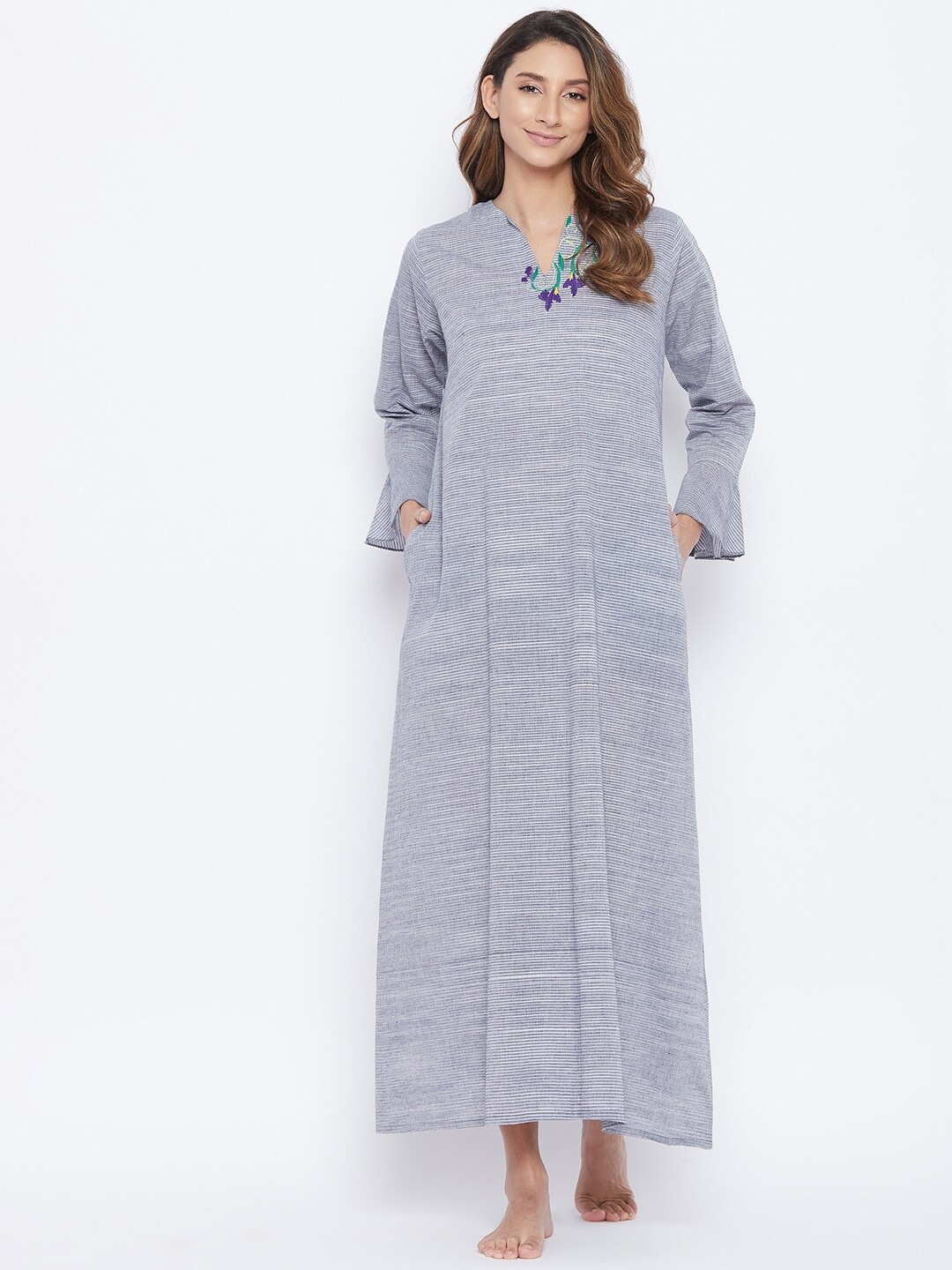 

The Kaftan Company Women Grey Striped & Embroidered Pure Cotton Nightdress