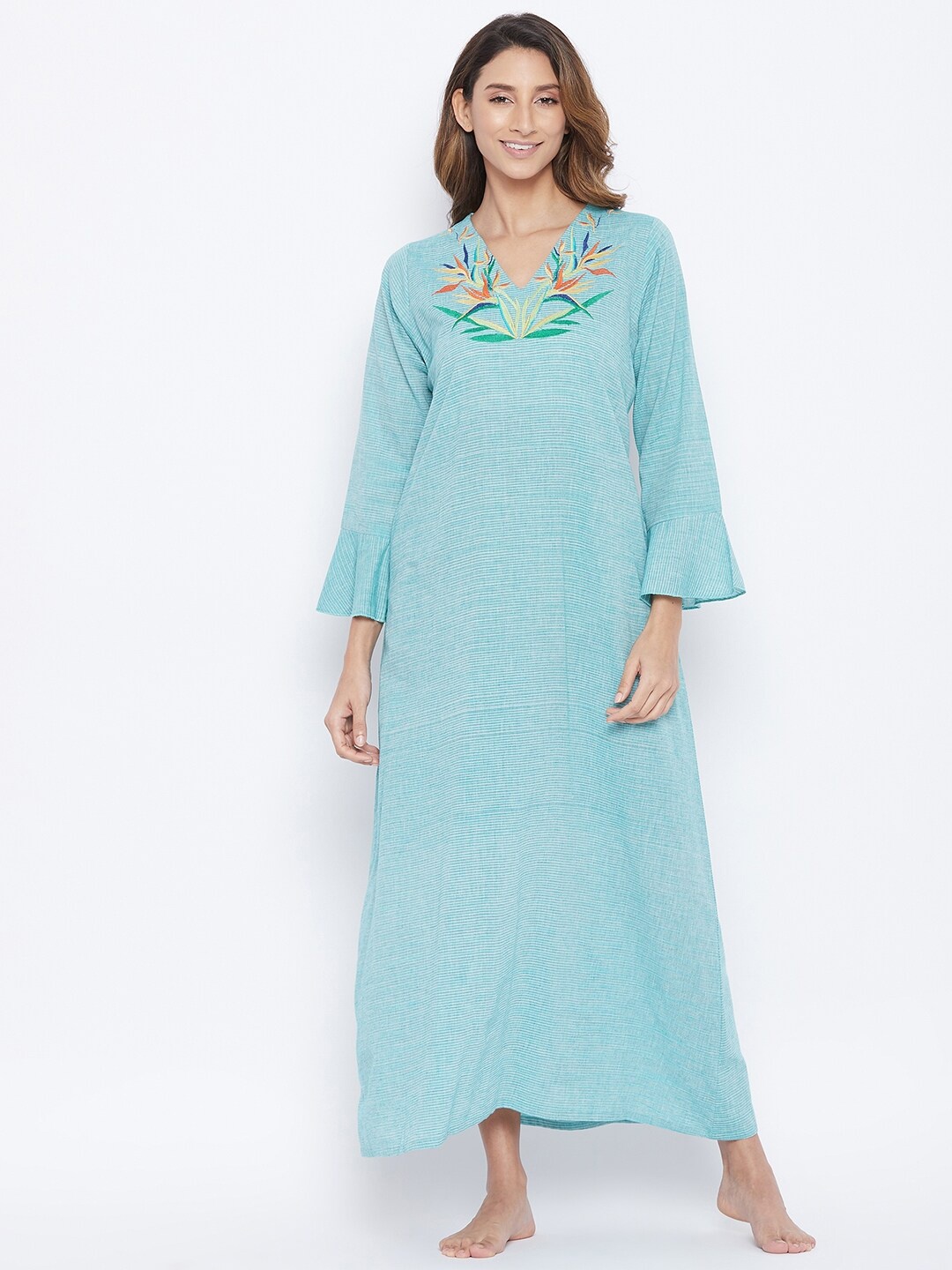 

The Kaftan Company Sea Green Embroidered Pure Cotton Maxi Nightdress