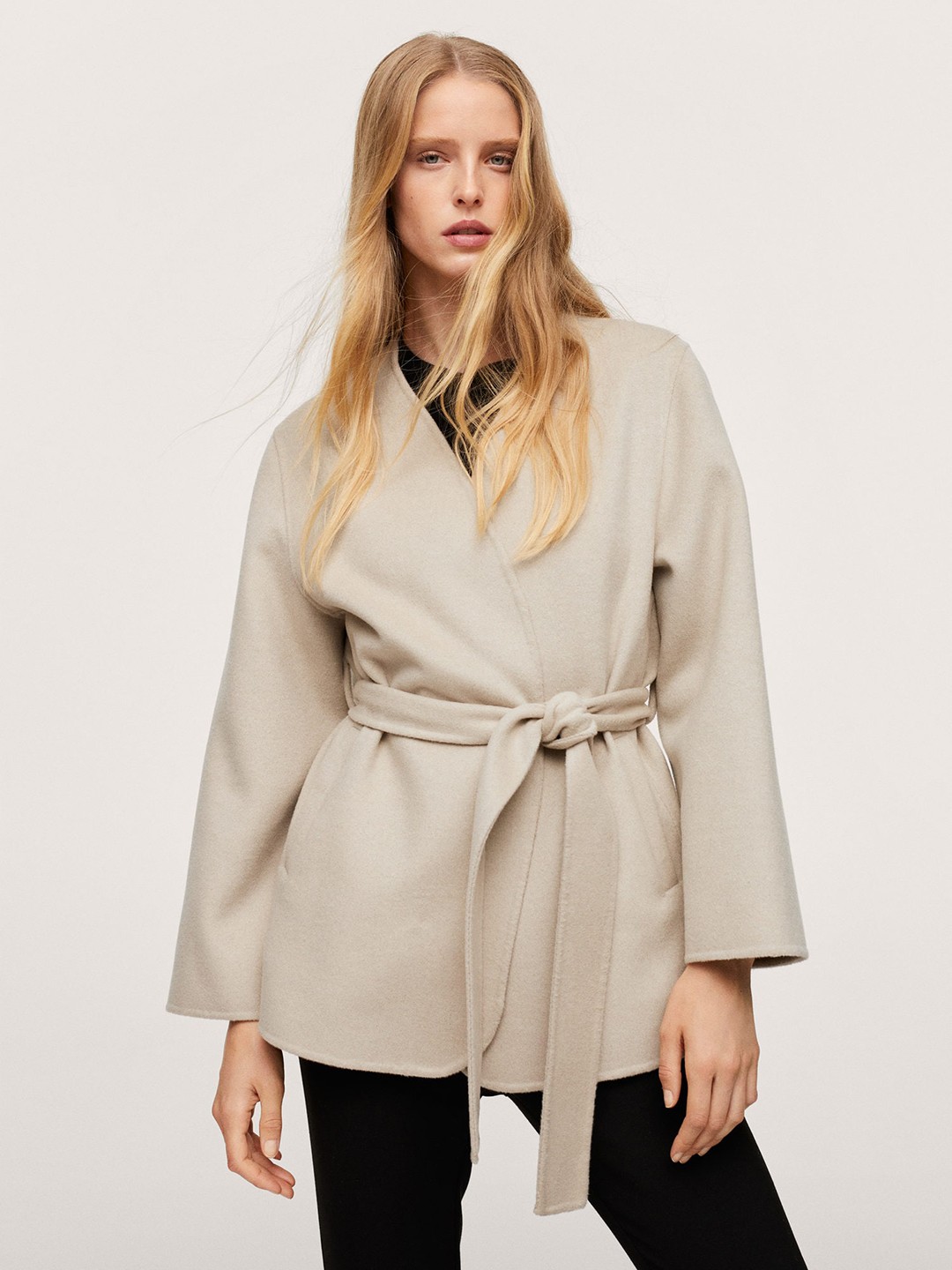 

MANGO Women Beige Solid OverCoat & Belt