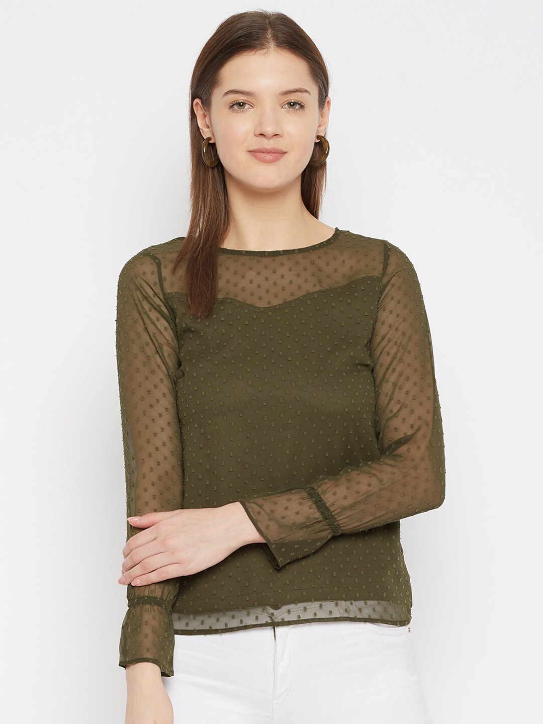 

Imfashini Olive Green Sheen Sheer Georgette Regular Top