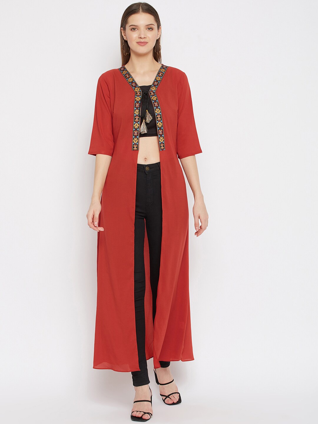 

Imfashini Women Rust Orange Embroidered Longline Tie-Up Shrug
