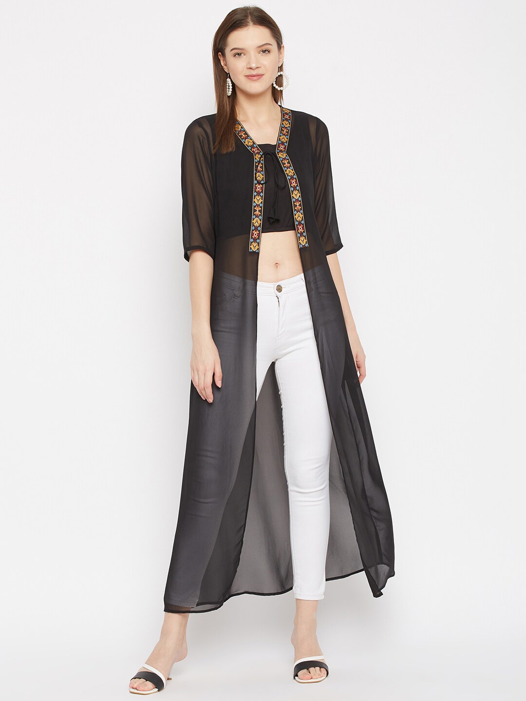 

Imfashini Black Floral Sheer Georgette Maxi Longline Top