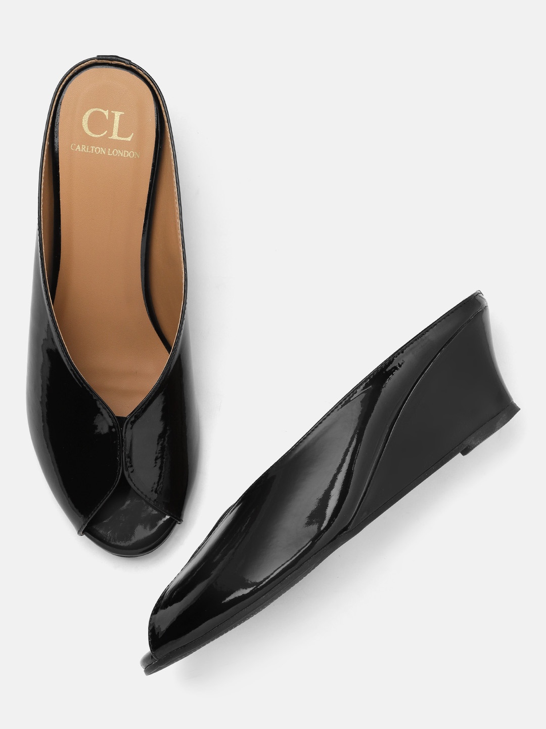 

Carlton London Black Glossy Finish Peep Toe Mule Wedges