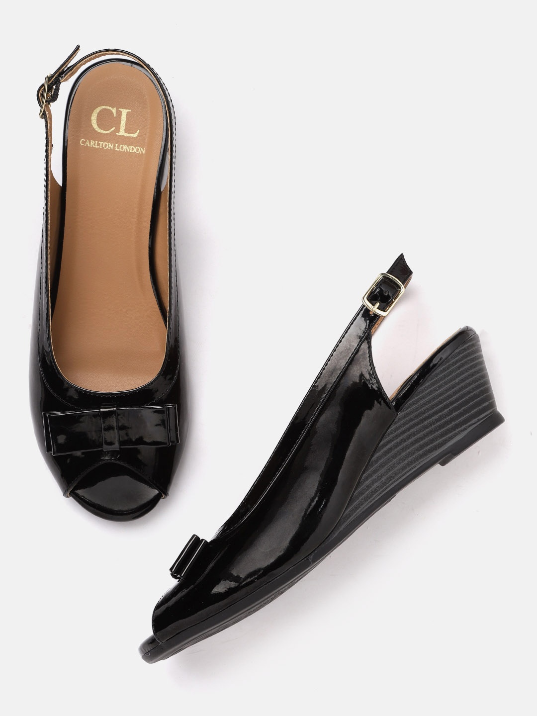 

Carlton London Black Glossy Finish Peep Toe Wedges