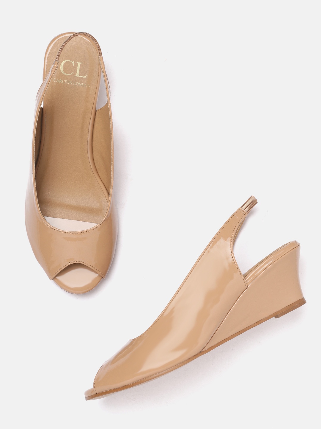 

Carlton London Beige Glossy Finish Peep Toe Wedges