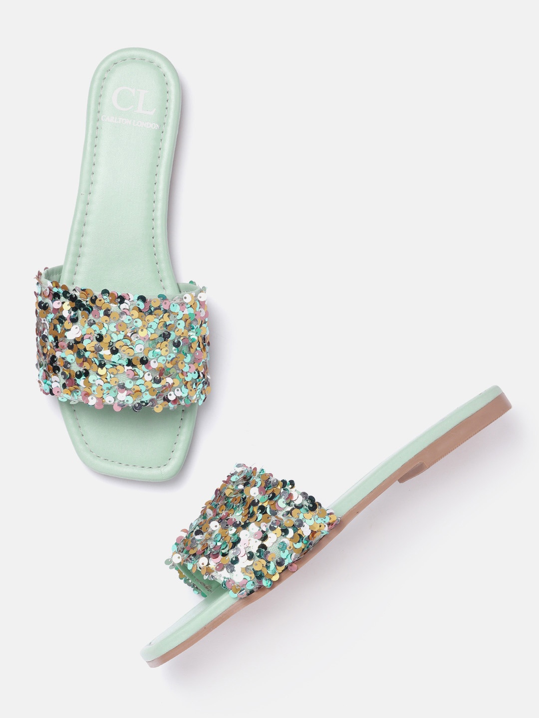 

Carlton London Women Mint Green & Gold-Toned Sequinned Open Toe Flats