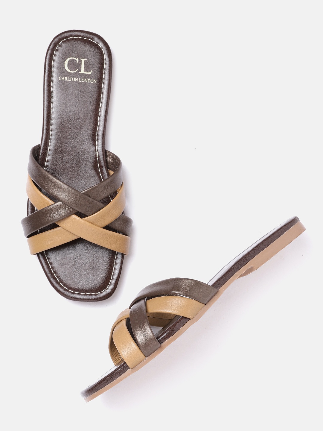 

Carlton London Women Beige & Coffee Brown Colourblocked Open Toe Flats