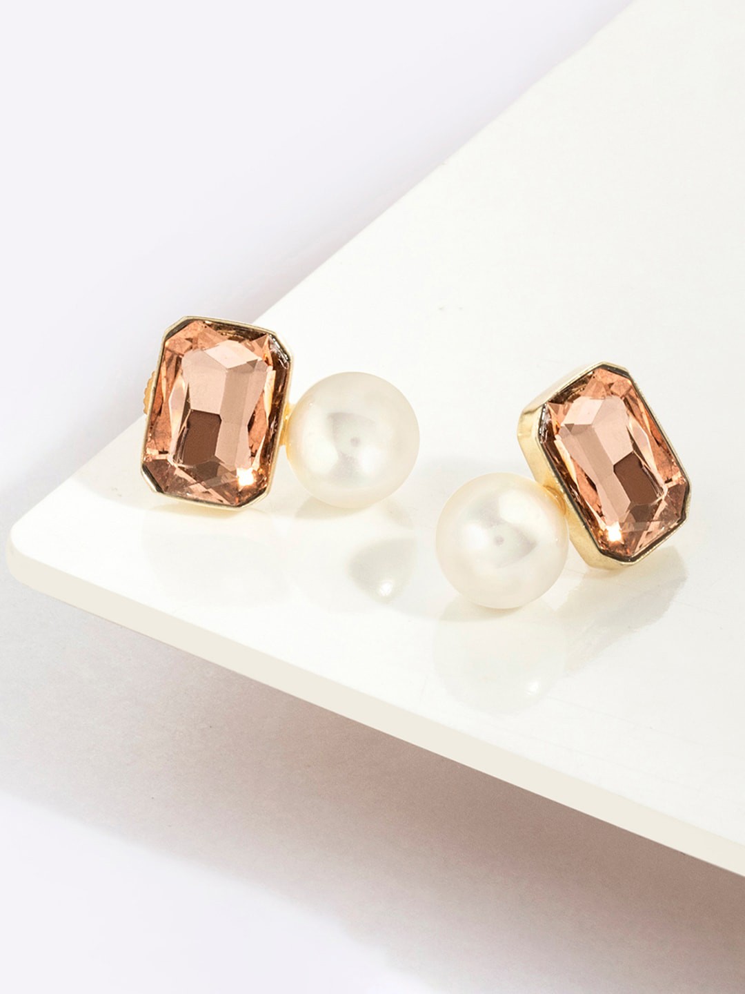 

March by FableStreet Peach-Coloured & Off White Geometric Studs Earrings