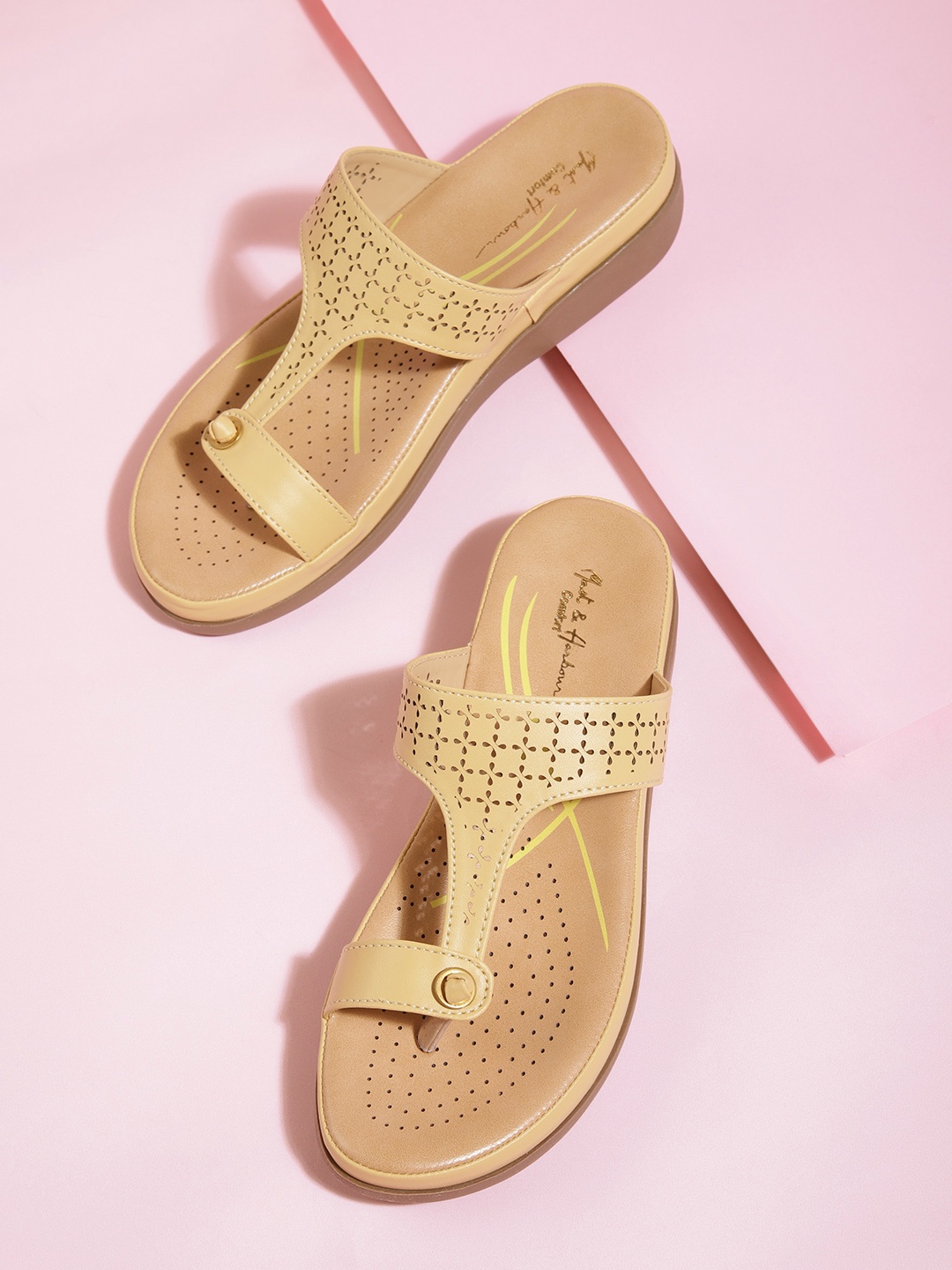 

Mast & Harbour Beige Floral Laser Cut One Toe Comfort Heels