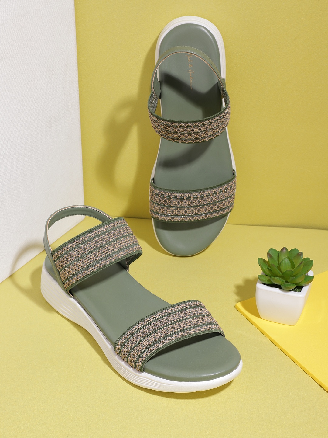 

Mast & Harbour Women Woven Design & Striped Open Toe Flats, Olive