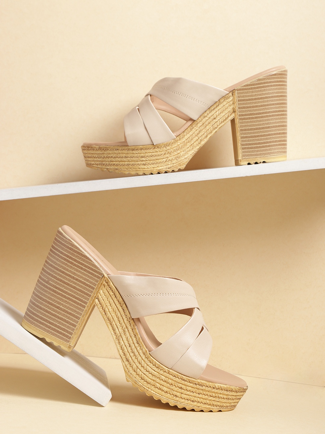 

Mast & Harbour Beige Solid Criss-Cross Platform Heels with Espadrille Finish