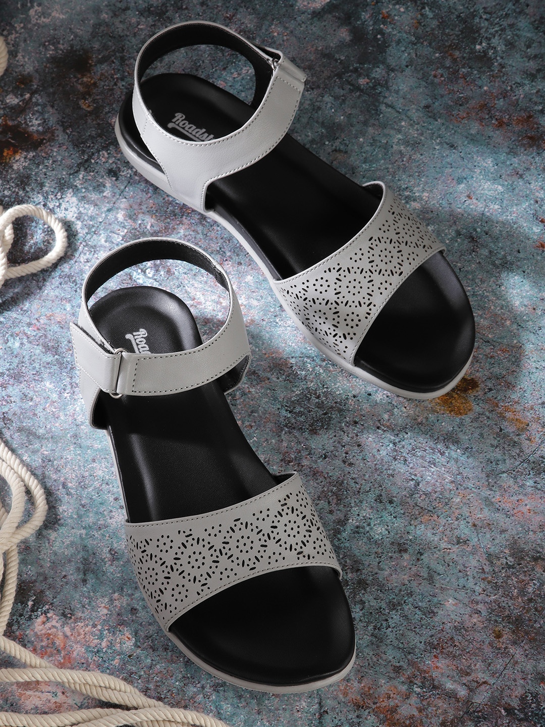 

Roadster Women Laser Cuts Open Toe Flats, Grey