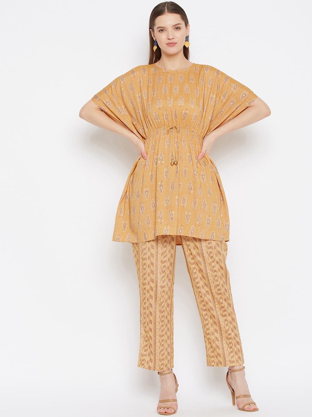 

Imfashini Women Mustard Yellow Ethnic Foil Printed Pure Cotton Kaftan Kurta with Trousers