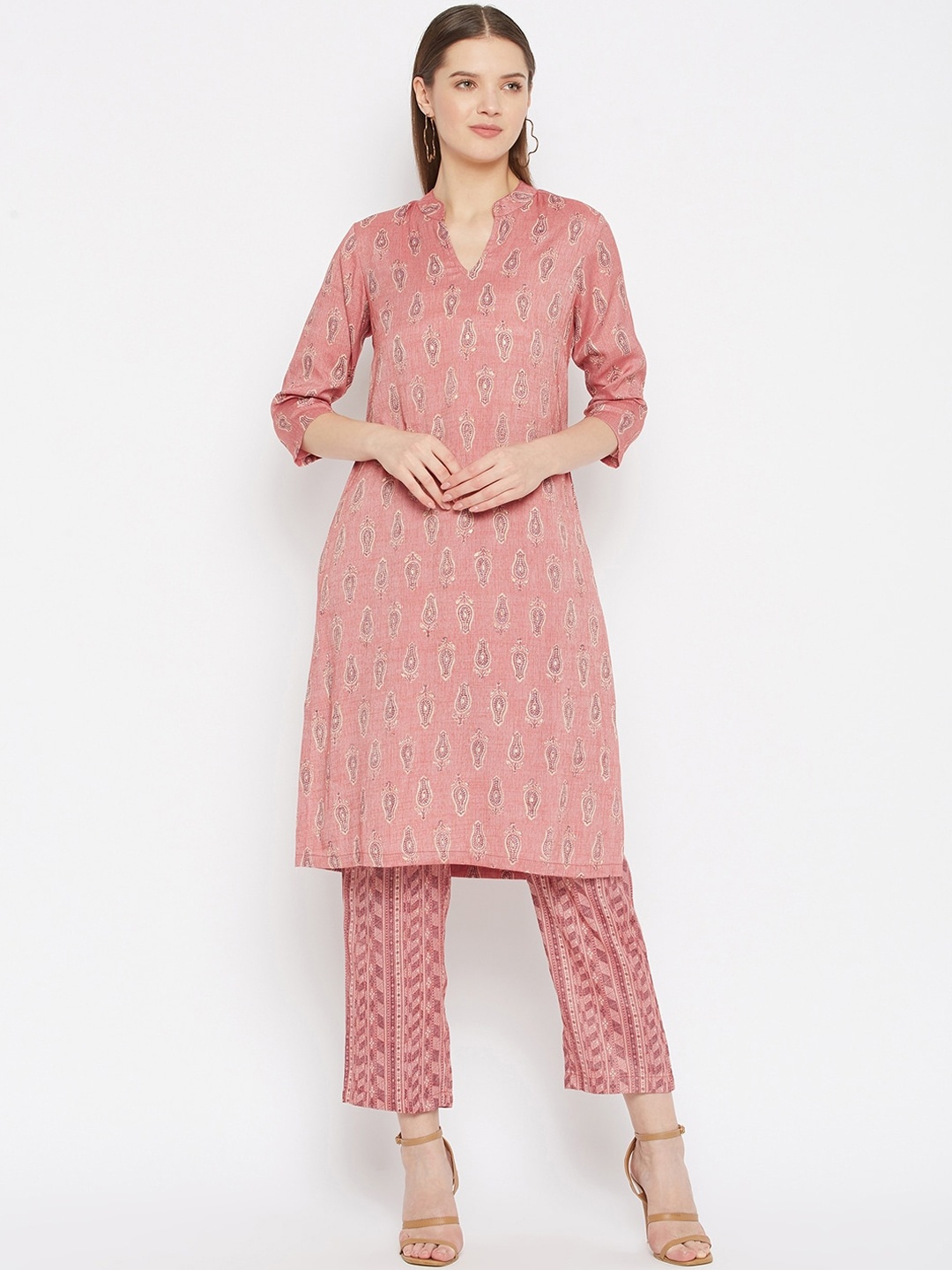 

Imfashini Women Maroon Embroidered Layered Pure Cotton Kurti with Trousers