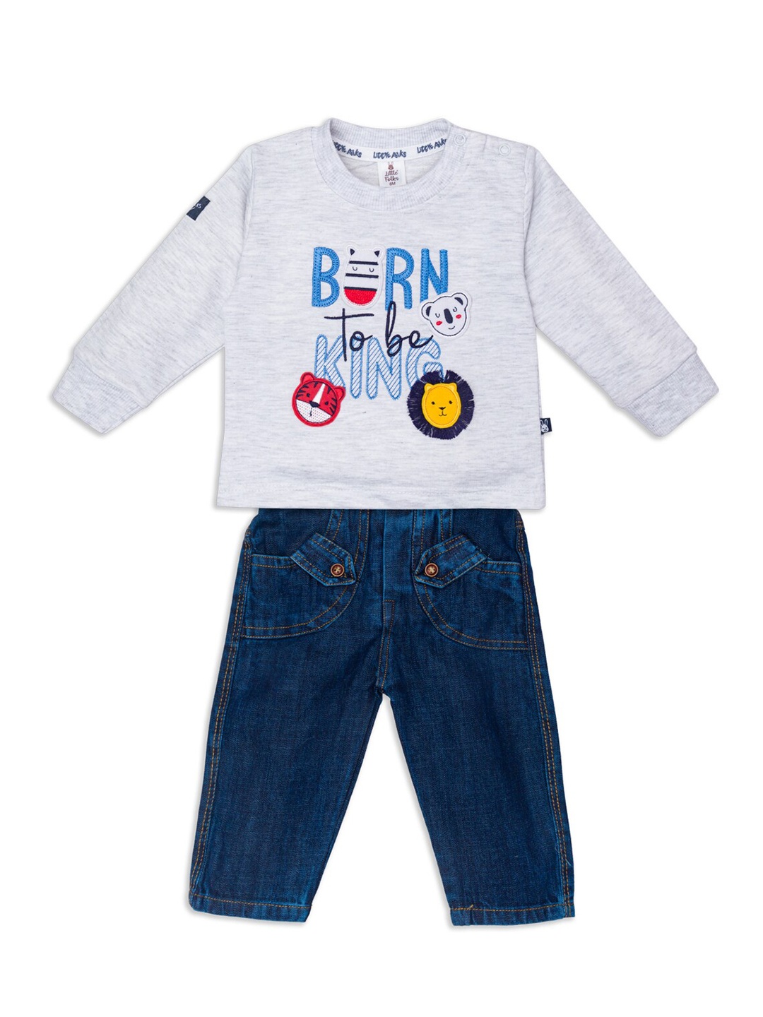 

Little Folks Kids Grey & Blue Printed T-shirt With Trousers