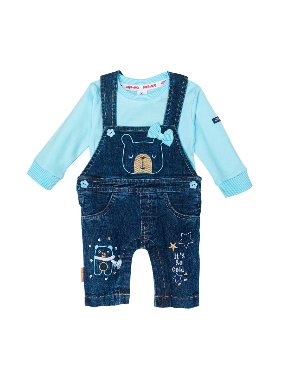 

Little Folks Infant Kids Blue & Brown Printed Cotton Dungarees With T-Shirt