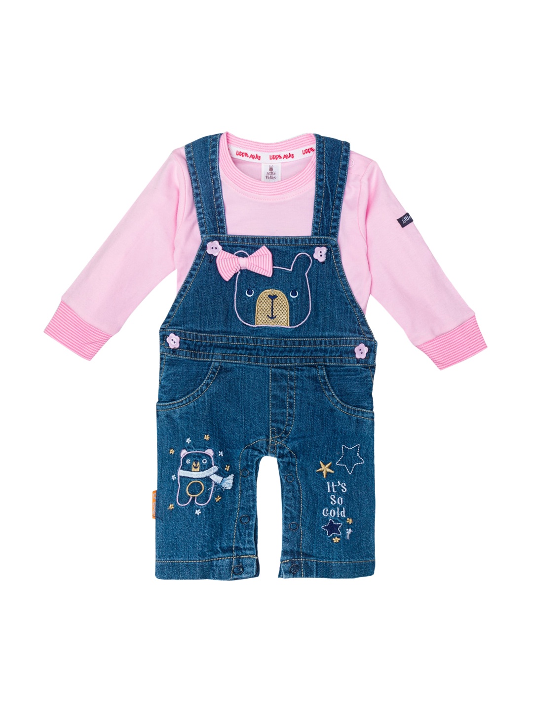 

Little Folks Infants Kids Pink & Blue Animal Print Dungarees With T-Shirt