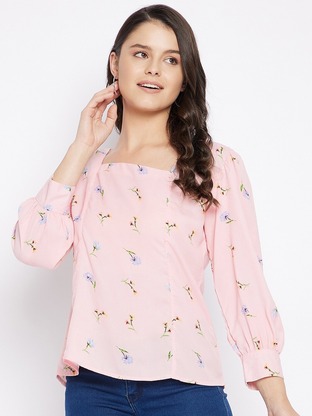 

Ruhaans Pink Floral Printed Summercool Georgette Regular Top