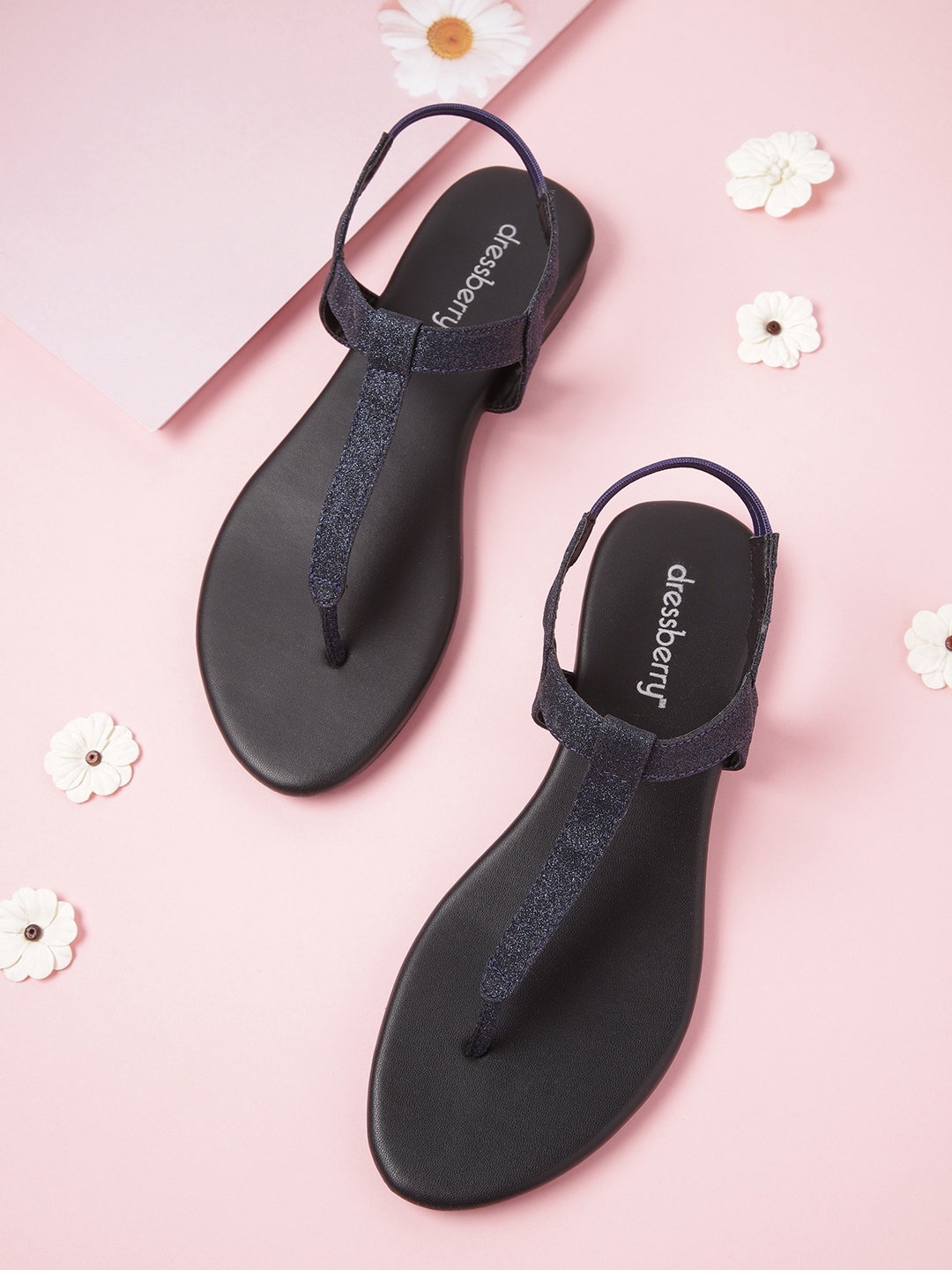 

DressBerry Women Navy Blue Shimmer T-strap Flats