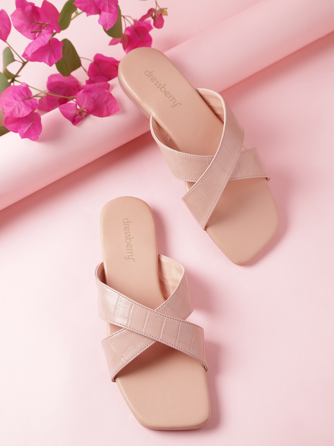 

DressBerry Women Nude Pink Croc Textured Open Toe Flats