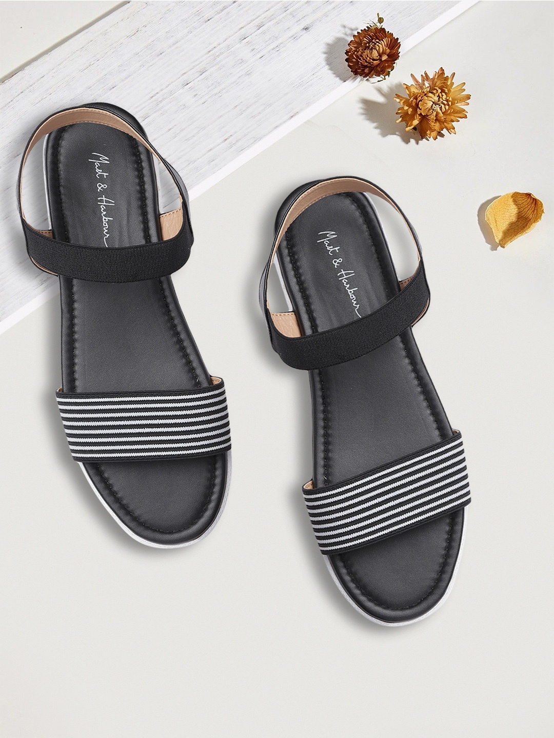 

Mast & Harbour Women Black & White Striped Open Toe Flats