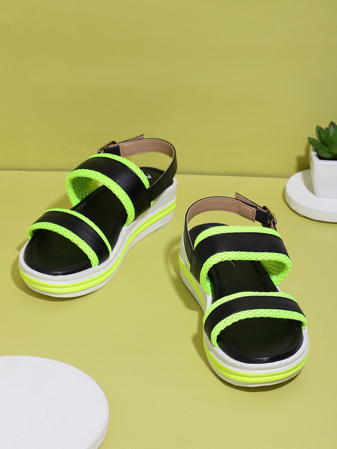 

Mast & Harbour Black & Fluorescent Green Striped Flatform Heels