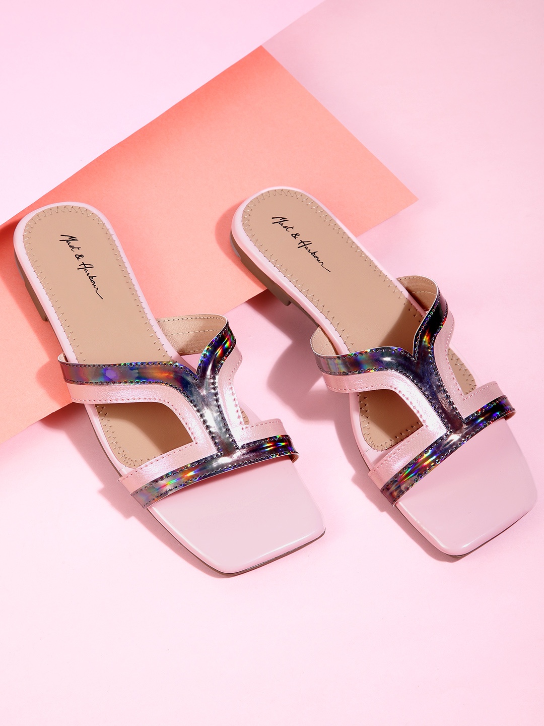 

Mast & Harbour Women Colourblocked Iridescent Effect Open Toe Flats, Pink