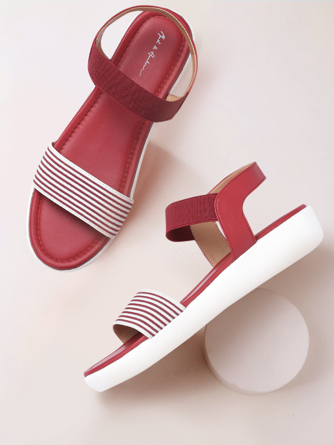 

Mast & Harbour Women Maroon & White Striped Open Toe Flats